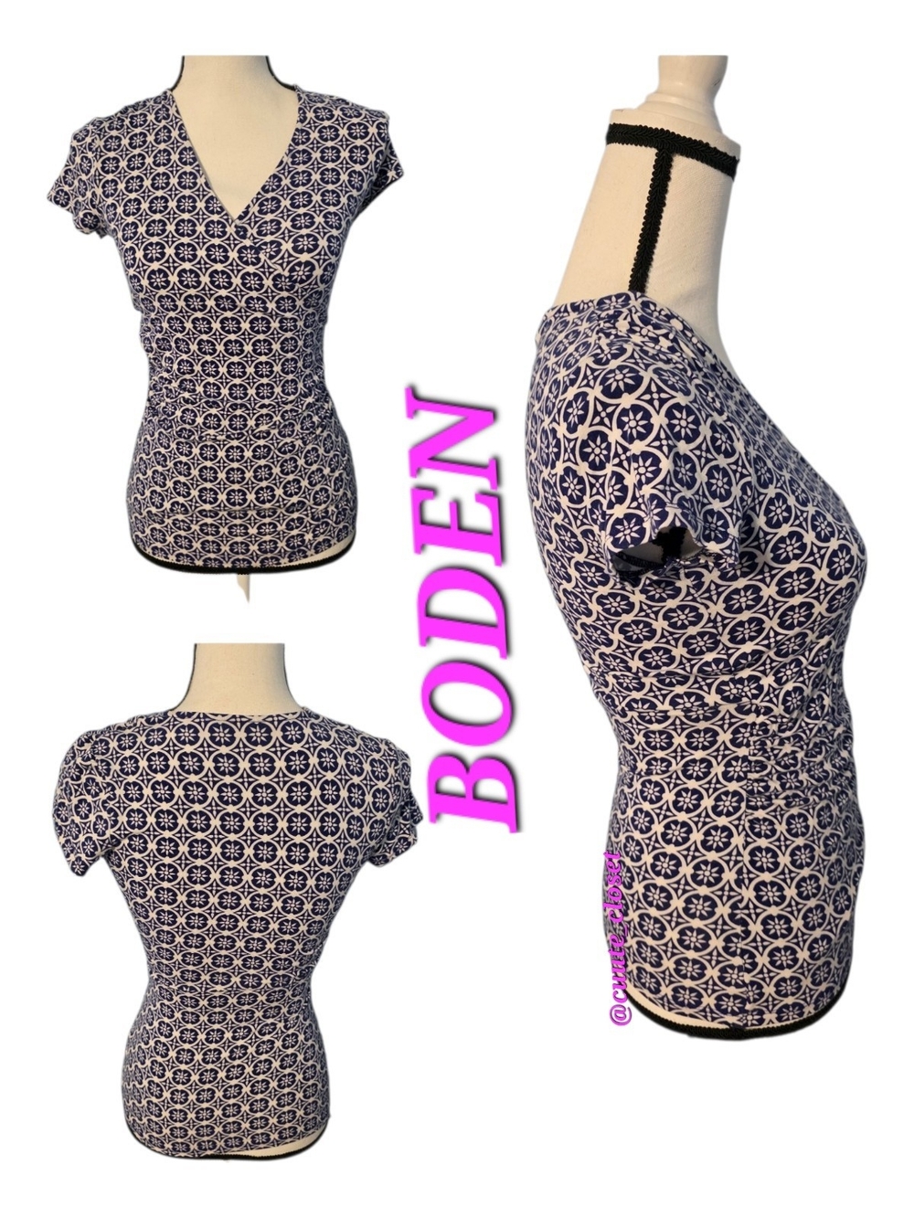 Boden Navy & White Geometric Medallion Wrap V-Neck Tee
